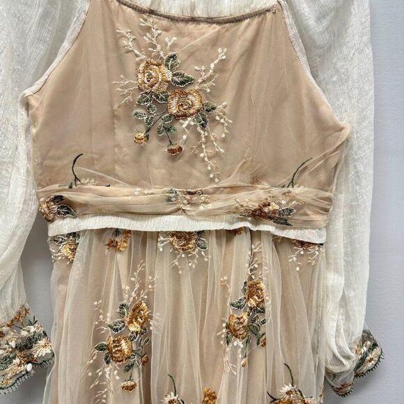 Maizishule Beige Floral Embroidered Midi Dress | Boho Sheer Long Sleeve Size L - Picture 10 of 16